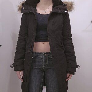 TNA Aritzia Y2k Harajuku Raven Black Faux Fur Lined Fitted Long Parka